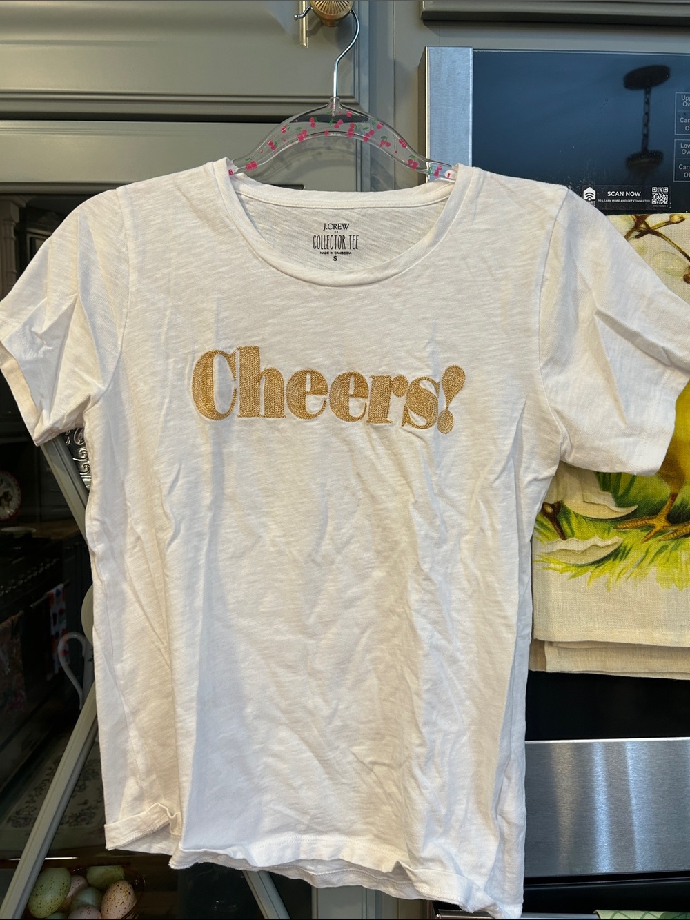 J. Crew White Tee with Gold "Cheers!" Graphic Small
